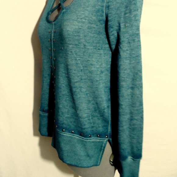 ROCK & REPUBLIC Studs Sweatshirt Top XS Blue Caged V-neck LS Trendy mineral wash - Picture 7 of 10